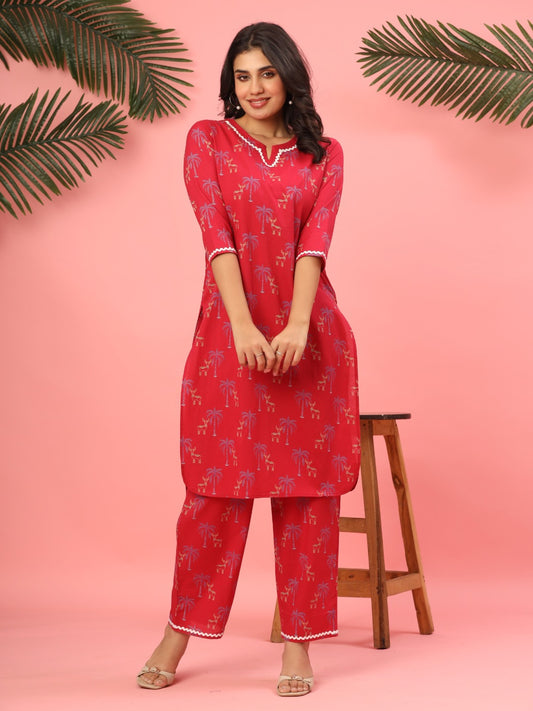 Crimson Palms & Reindeer Pure Cotton Co-ord Set