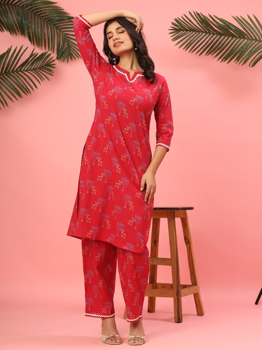 Crimson Palms & Reindeer Pure Cotton Co-ord Set