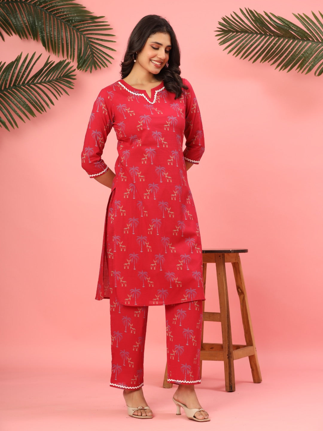 Crimson Palms & Reindeer Pure Cotton Co-ord Set