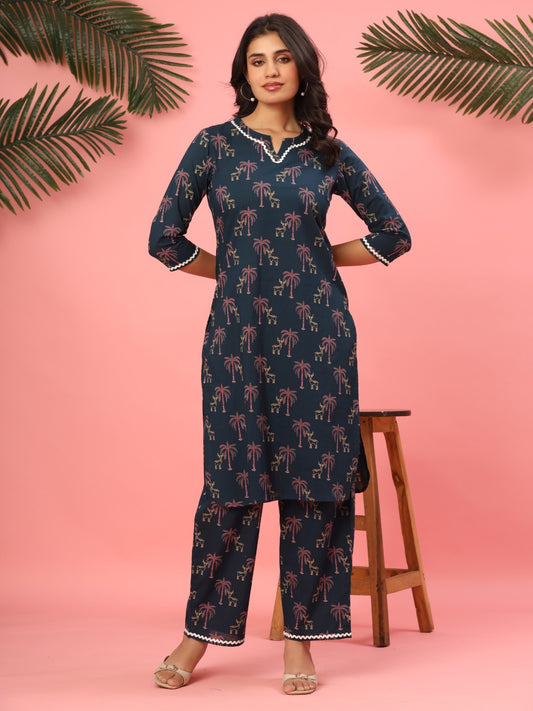 Midnight Teal Palms & Reindeer Pure Cotton Co-ord Set