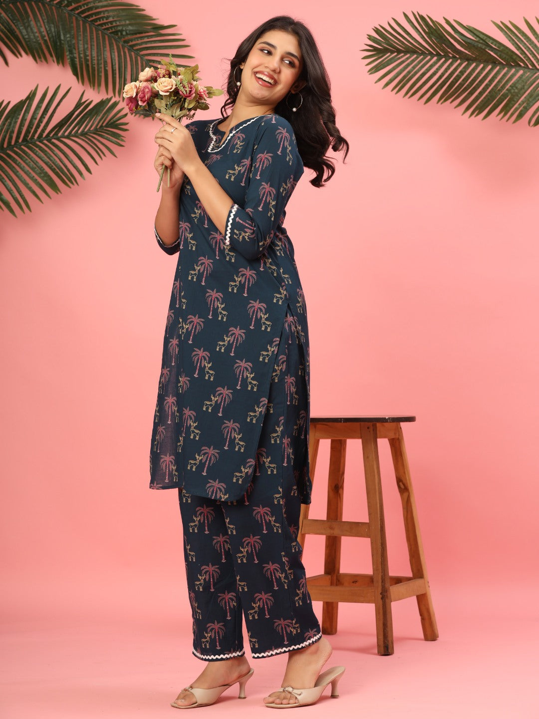 Midnight Teal Palms & Reindeer Pure Cotton Co-ord Set