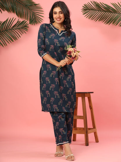 Midnight Teal Palms & Reindeer Pure Cotton Co-ord Set