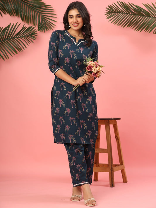 Midnight Teal Palms & Reindeer Pure Cotton Co-ord Set