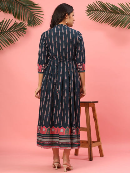 Midnight Indigo Pure Cotton Pleated Maxi