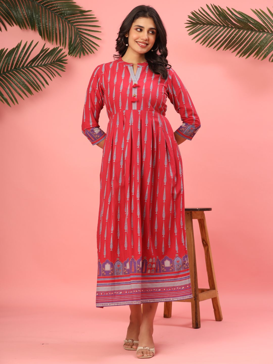 Royal Raspberry Cotton Anarkali Dress with Tassel Accents