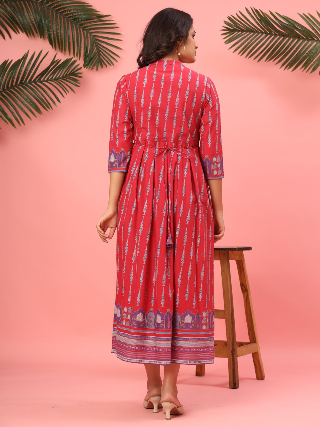 Royal Raspberry Cotton Anarkali Dress with Tassel Accents