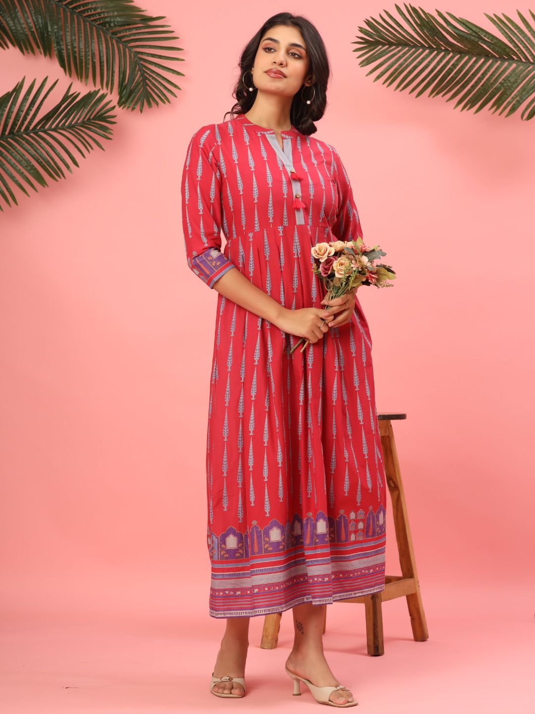 Royal Raspberry Cotton Anarkali Dress with Tassel Accents