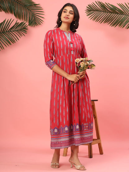 Royal Raspberry Cotton Anarkali Dress with Tassel Accents
