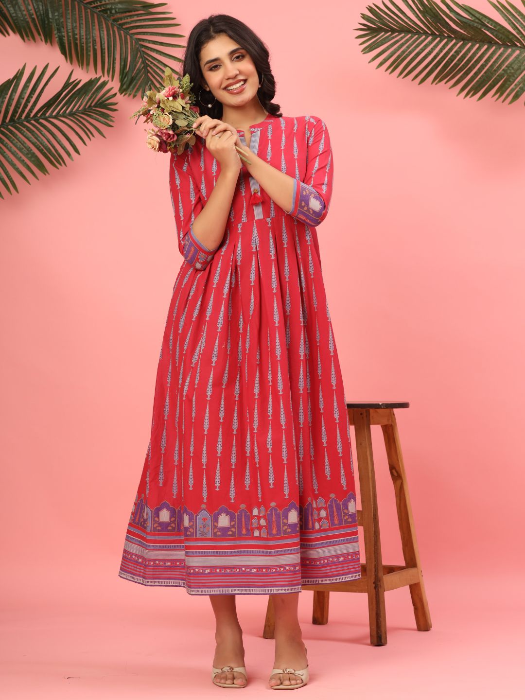 Royal Raspberry Cotton Anarkali Dress with Tassel Accents