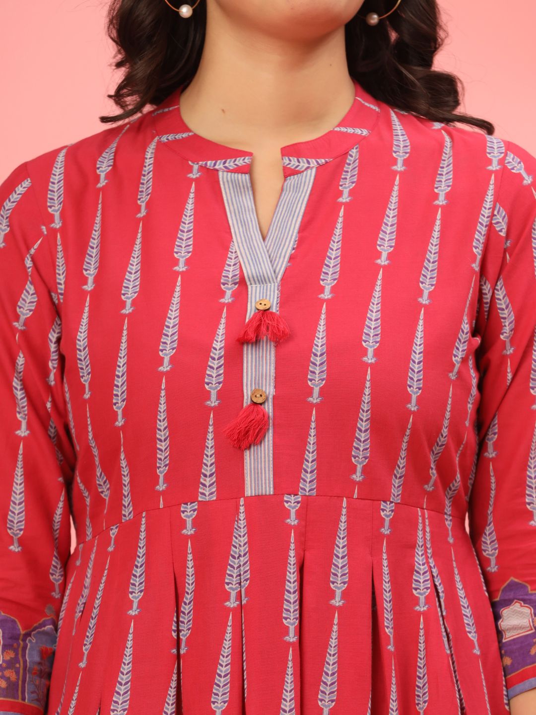 Royal Raspberry Cotton Anarkali Dress with Tassel Accents