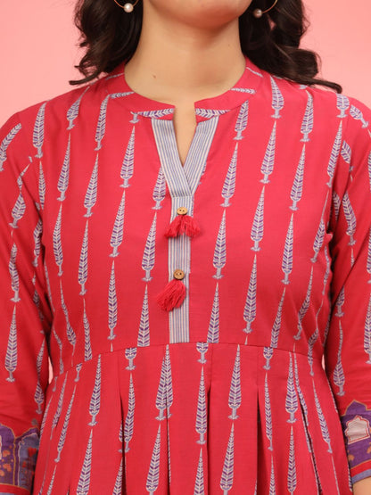 Royal Raspberry Cotton Anarkali Dress with Tassel Accents