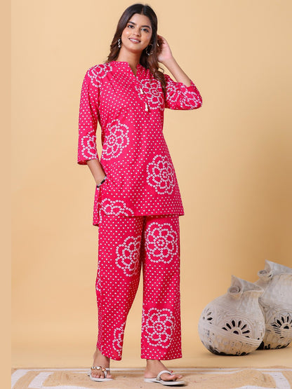 Bandhani Hot Pink Collared Co-ord Set