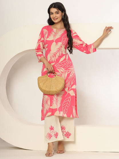 Pink Energy – Pure Cotton Printed Kurta Pant Set with Floral Appliqué