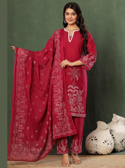 Wine & Unwind – Pure Cotton Printed Kurta Pant Set with Dupatta