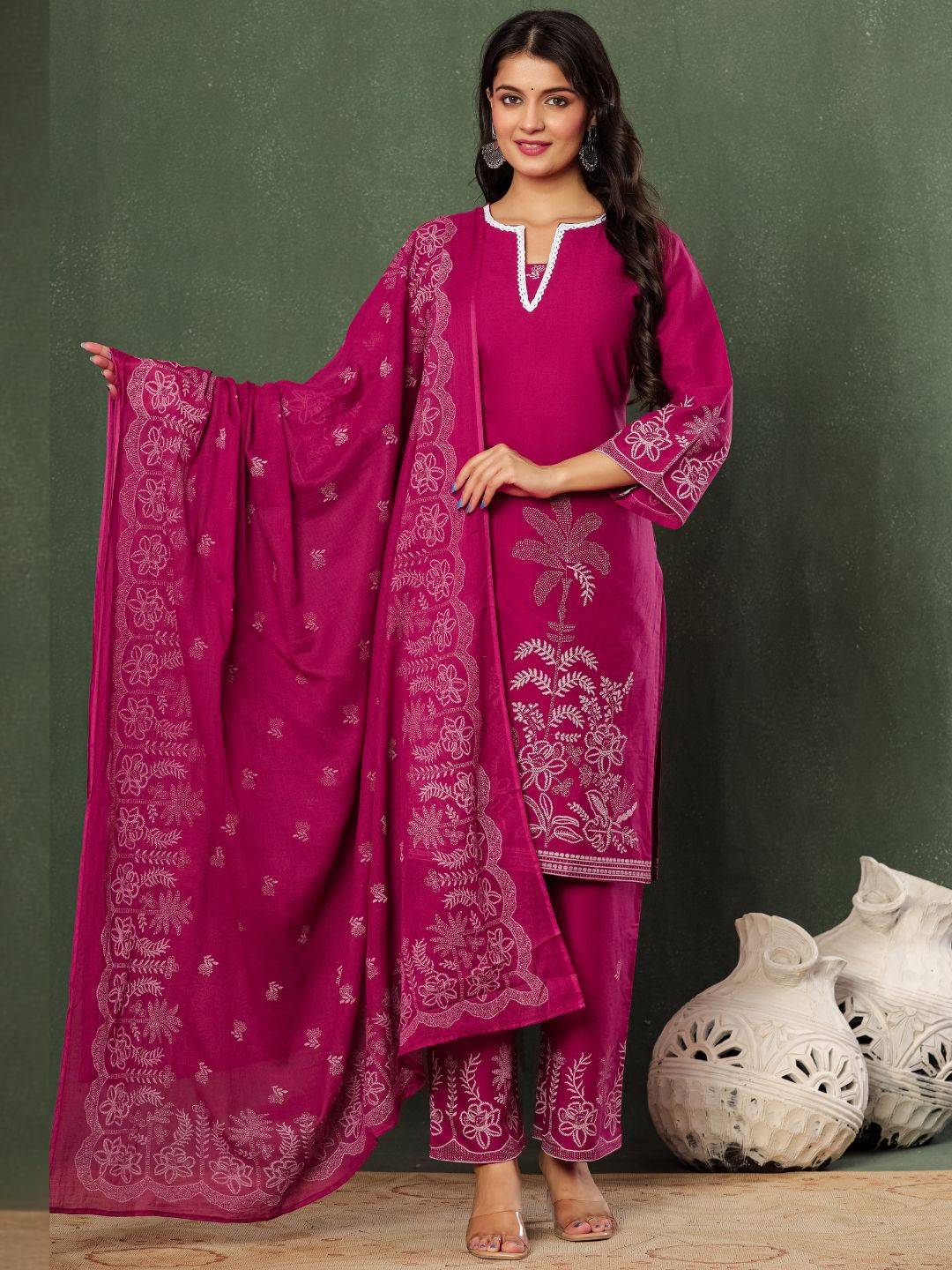 Wine & Unwind – Pure Cotton Printed Kurta Pant Set with Dupatta