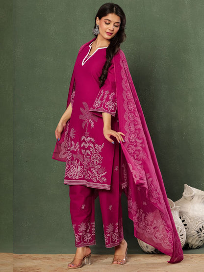 Wine & Unwind – Pure Cotton Printed Kurta Pant Set with Dupatta