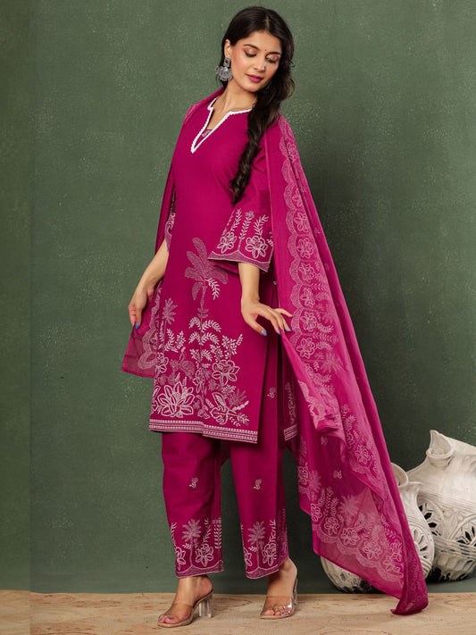 Wine & Unwind – Pure Cotton Printed Kurta Pant Set with Dupatta