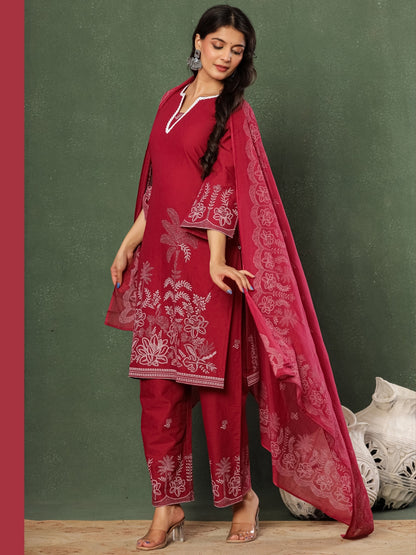 Wine & Unwind – Pure Cotton Printed Kurta Pant Set with Dupatta