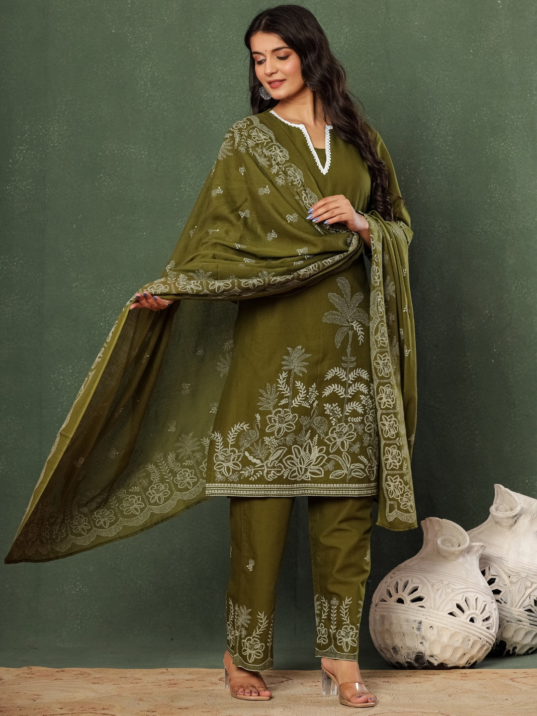 Olive You – Pure Cotton Nature Printed Kurta Pant Set with Dupatta