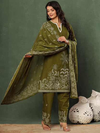 Olive You – Pure Cotton Nature Printed Kurta Pant Set with Dupatta