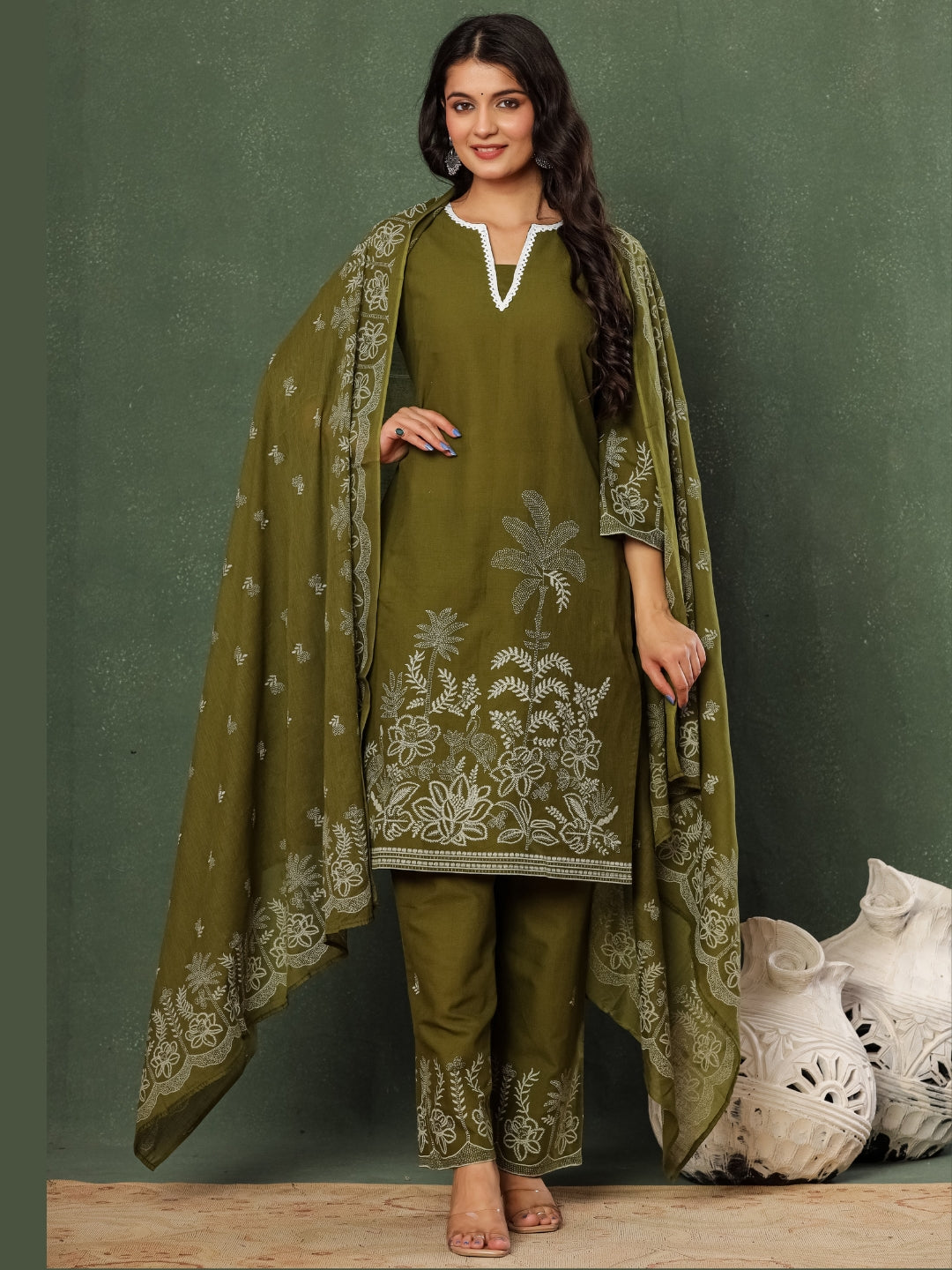 Olive You – Pure Cotton Nature Printed Kurta Pant Set with Dupatta