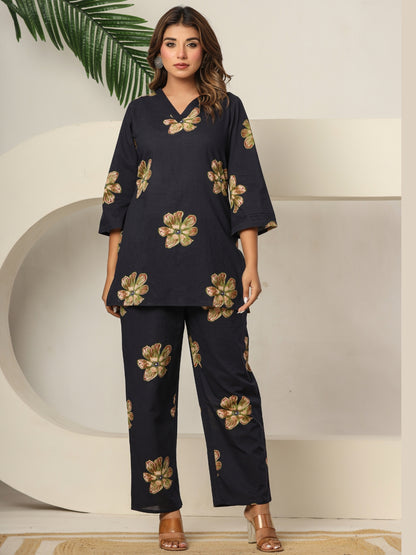 Petal Pop – Pure Cotton Printed Co-ord Set - Midnight Bloom