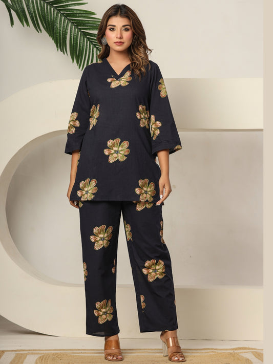 Petal Pop – Pure Cotton Printed Co-ord Set - Midnight Bloom