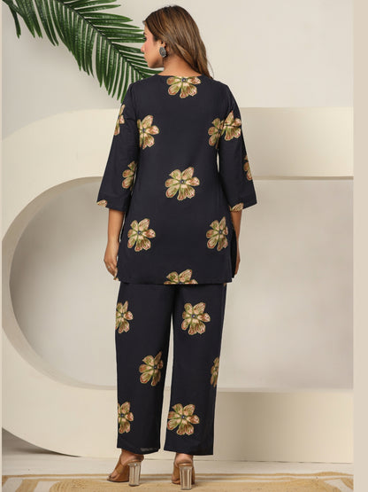 Petal Pop – Pure Cotton Printed Co-ord Set - Midnight Bloom