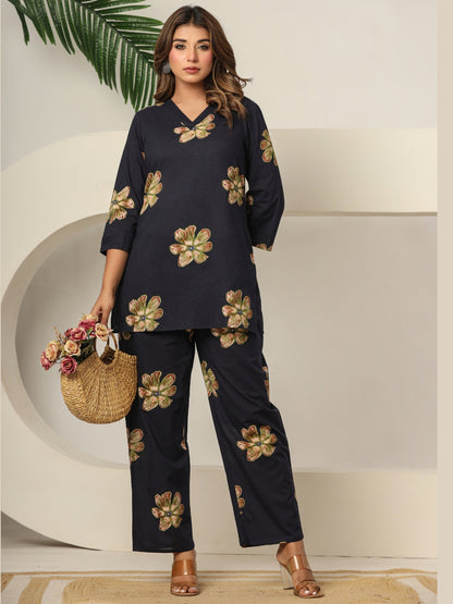 Petal Pop – Pure Cotton Printed Co-ord Set - Midnight Bloom