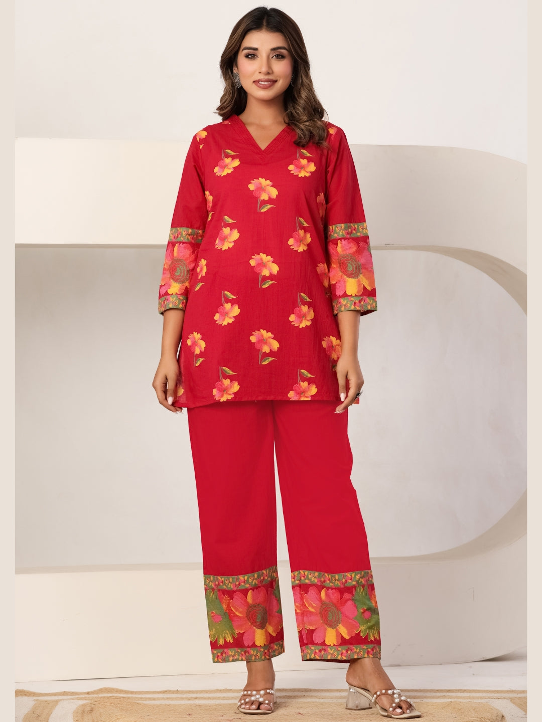 Scarlet Bloom – Women's Pure Cotton Floral Co-ord Set
