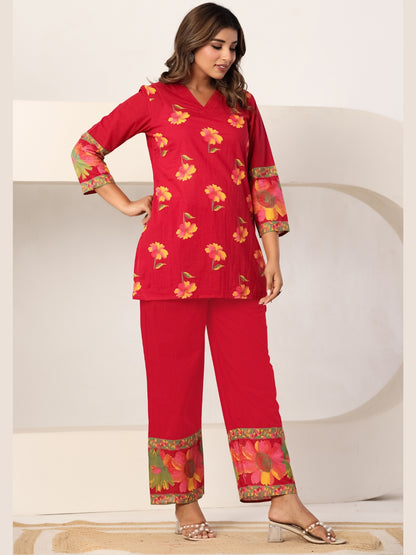 Scarlet Bloom – Women's Pure Cotton Floral Co-ord Set
