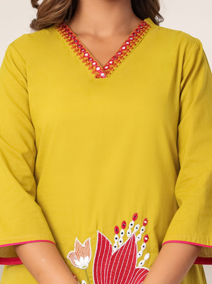Marigold Mood – Pure Cotton Floral Embroidered Kurta Pant Co-ord Set