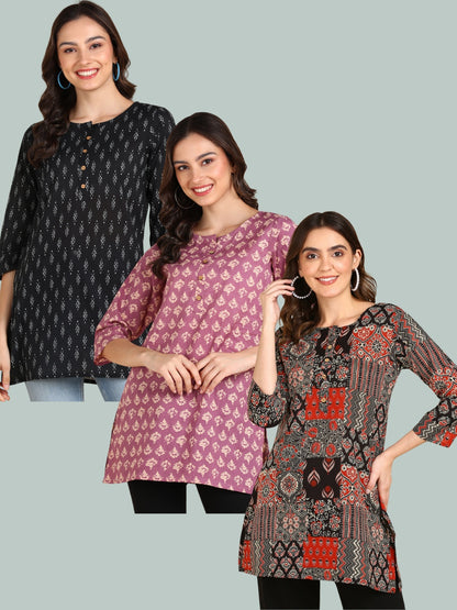 Pure Cotton Hip Length Printed Short kurti / Top (Pack of 3)