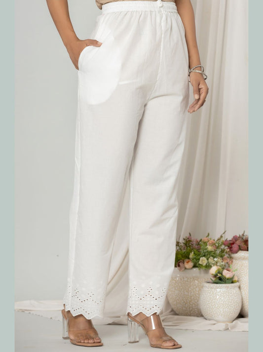 Pure Cotton Schiffli Embroidered Hem Pants - White