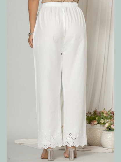 Pure Cotton Schiffli Embroidered Hem Pants - White