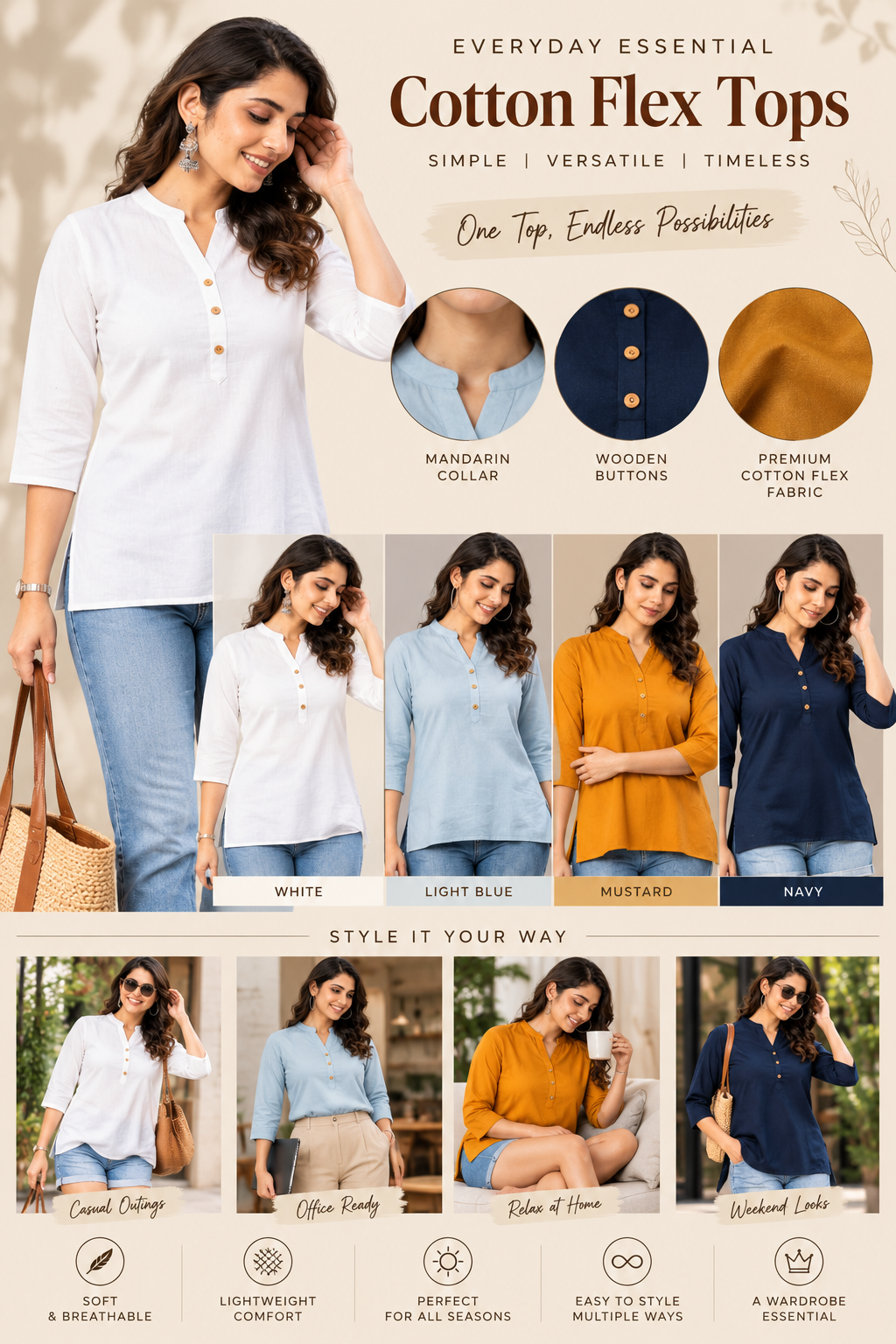 Solid Cotton Flax Women Top - Light Blue
