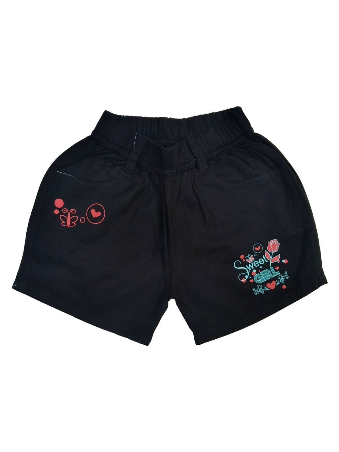 Pure Cotton Graphic Print Girls Shorts - Black