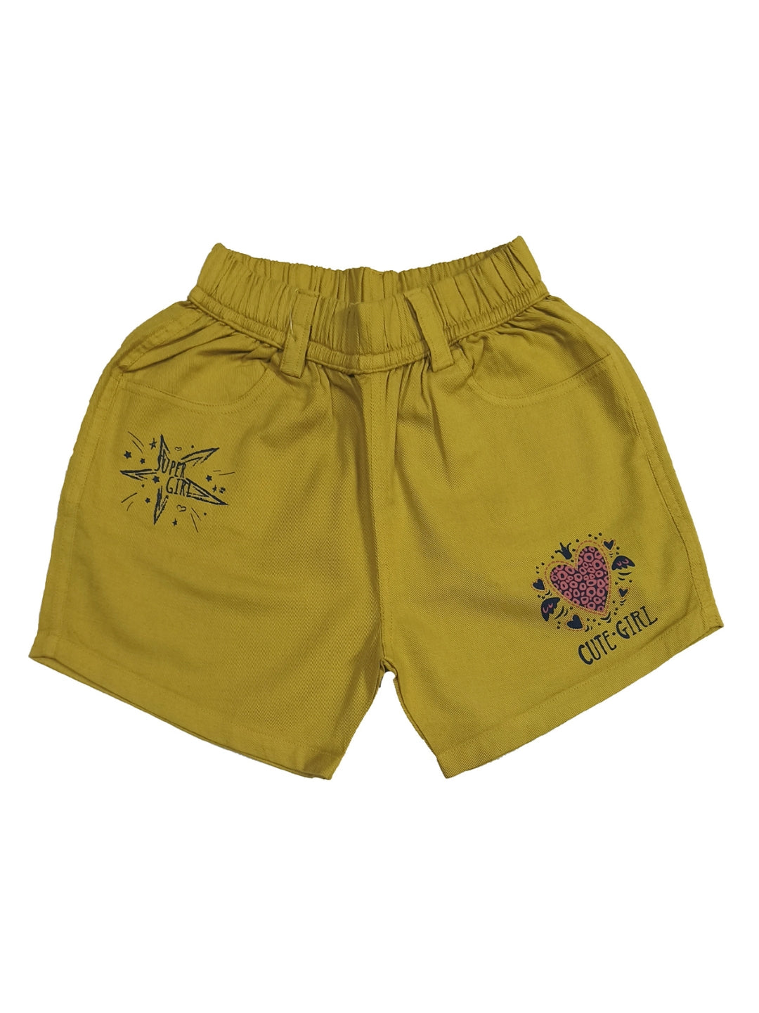 Pure Cotton Graphic Print Girls Shorts - Mustard