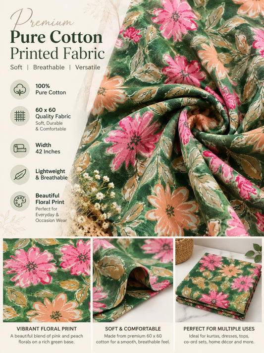 Meadow Bloom – Pure Cotton 60x60 Floral Printed Fabric | 42" Width