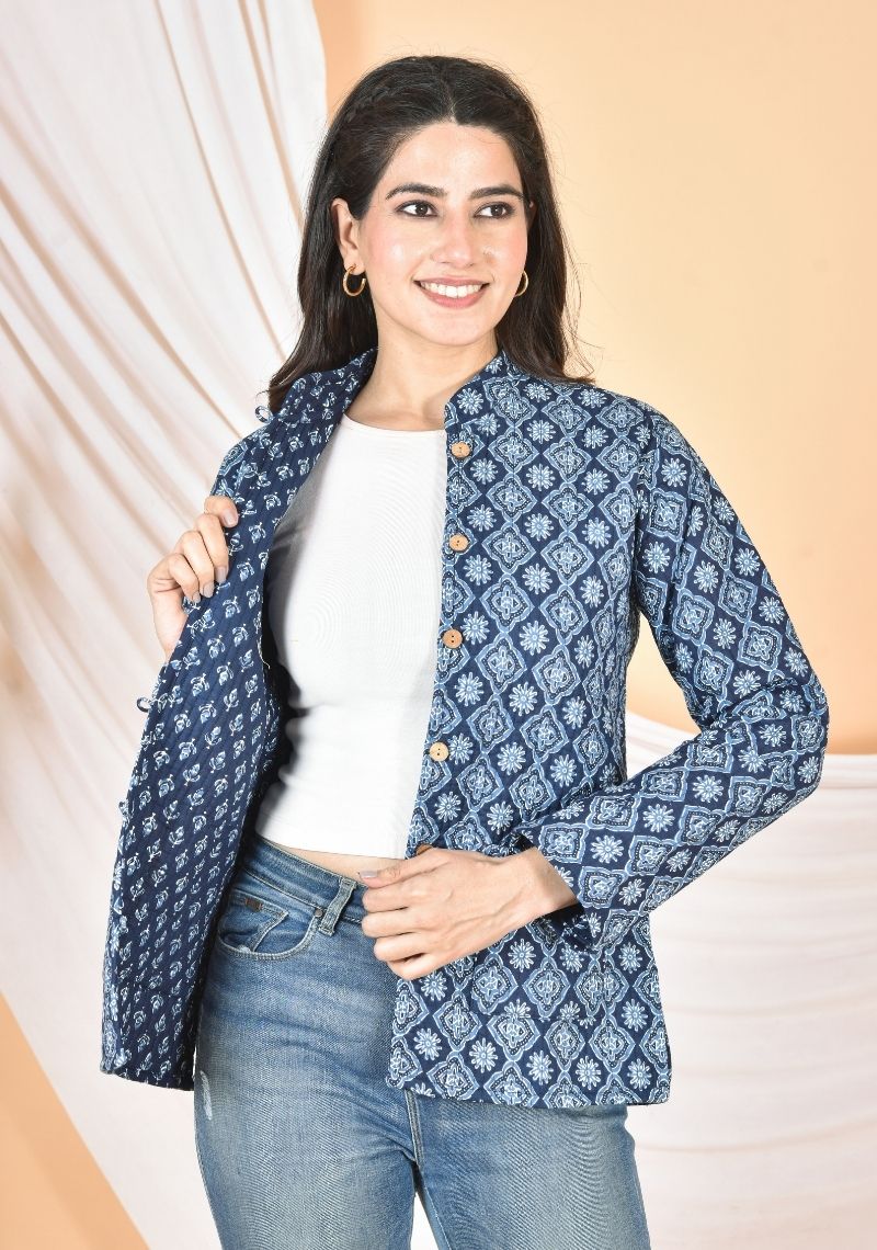 Quilted Pure Cotton Reversible Jacket - Indigo Booti