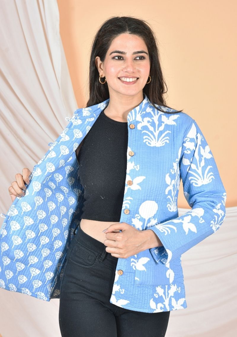 Quilted Pure Cotton Reversible Jacket -Light Blue