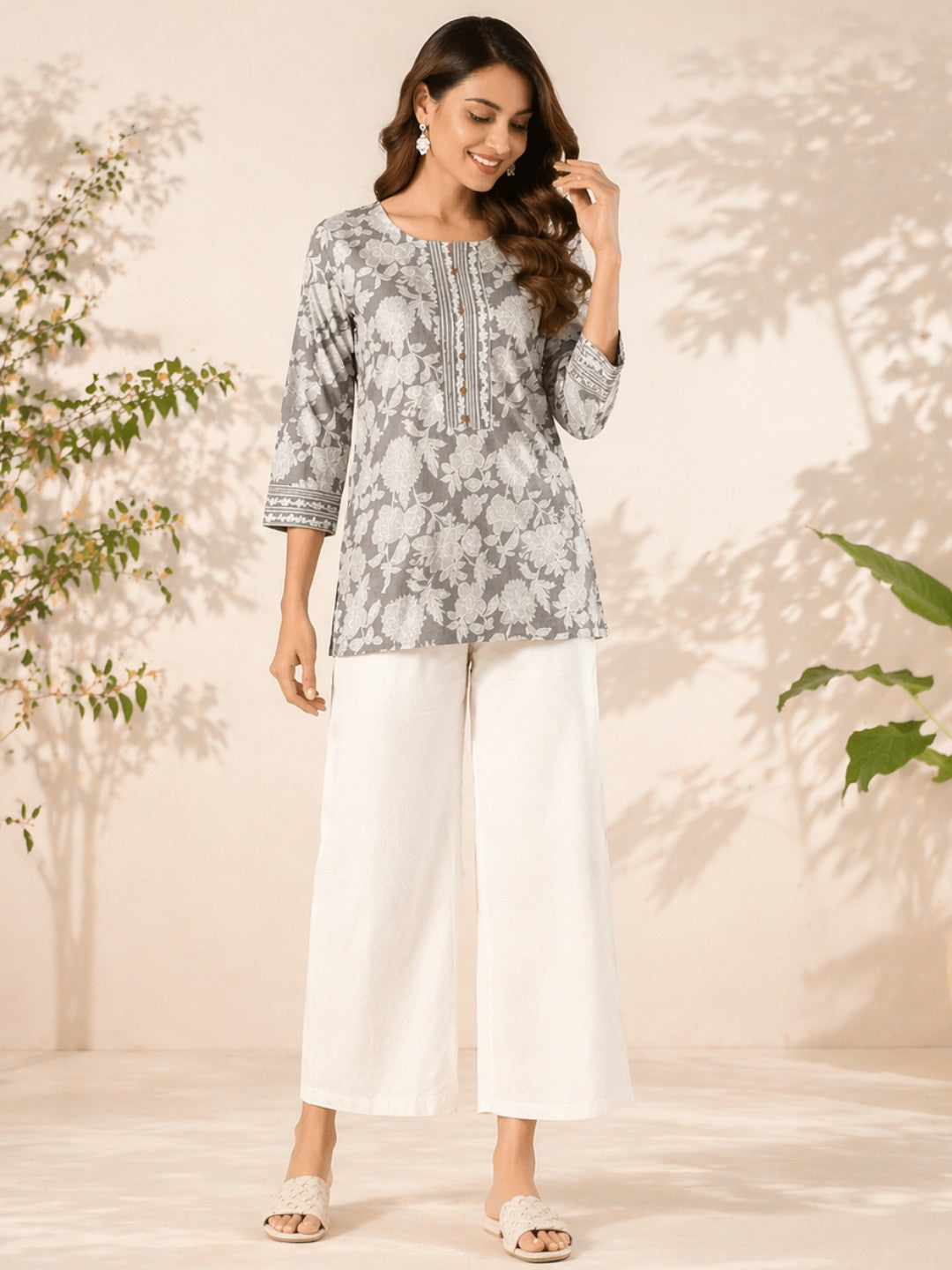 Grey Bloom Cotton Top
