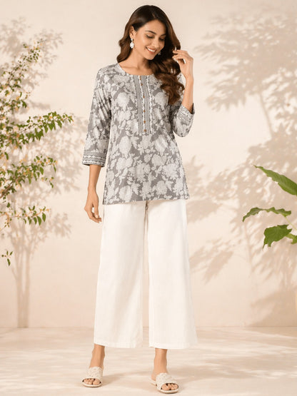 Grey Bloom Cotton Top