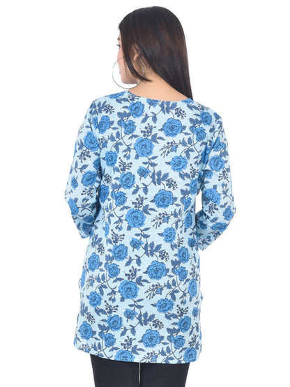 Pure Cotton Floral  Printed Top - Blue
