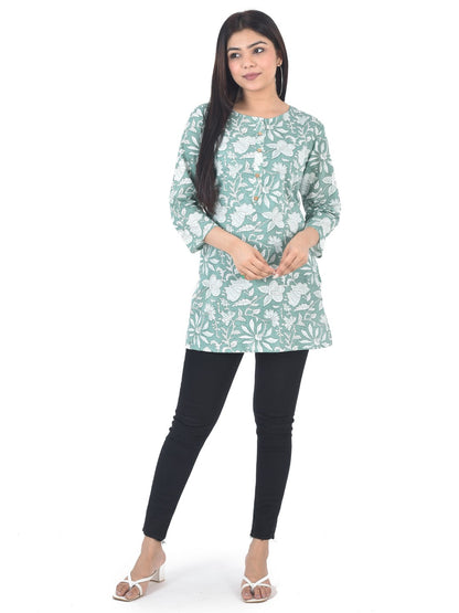 Pure Cotton Floral  Printed Top - Light Green
