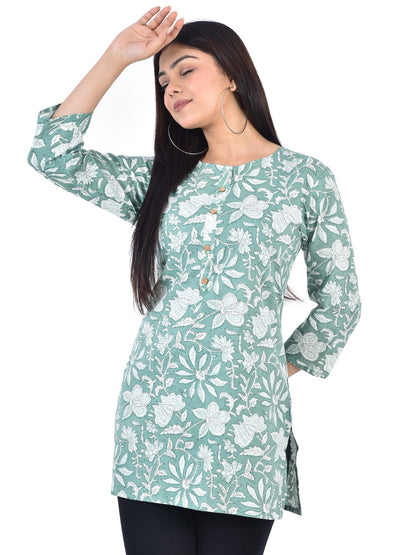 Pure Cotton Floral  Printed Top - Light Green