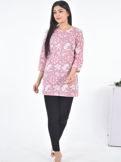 Pure Cotton Floral  Printed Top - Light Pink