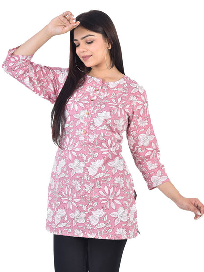 Pure Cotton Floral  Printed Top - Light Pink