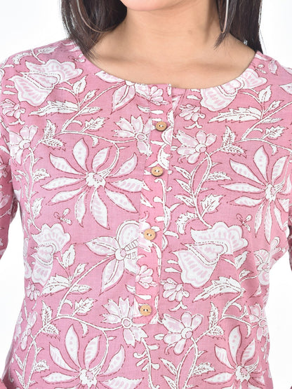 Pure Cotton Floral  Printed Top - Light Pink