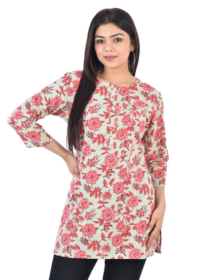 Pure Cotton Floral  Printed Top - Light Red